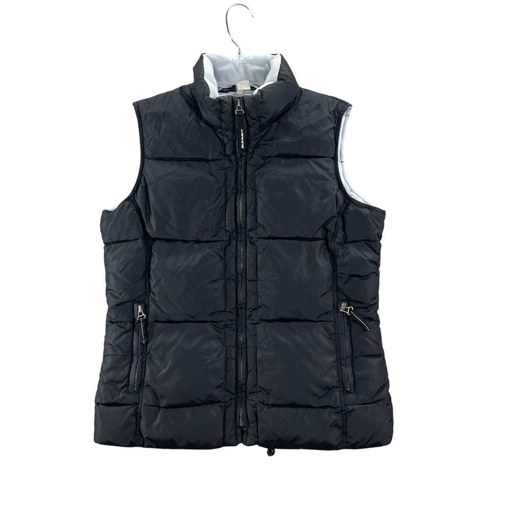 Old Navy Puffer Vest Women Small Black Down Fill Quilted Zip Up Fleece Lined